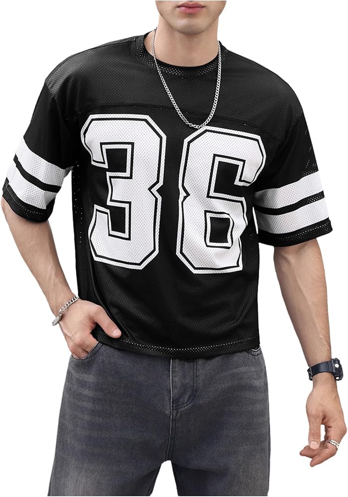 SOLY HUX Men's Jersey Shirts Mesh Number Graphic Crew Neck Short